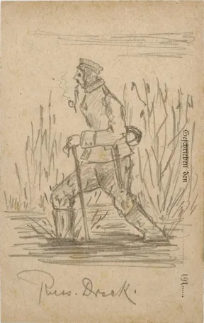 Drawing, graphite: soldier in uniform wades through a swamp smoking a pipe with vegetation in the background