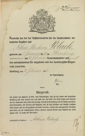 Decorative certificate with Hamburg coat of arms, printed form, filled out by hand.