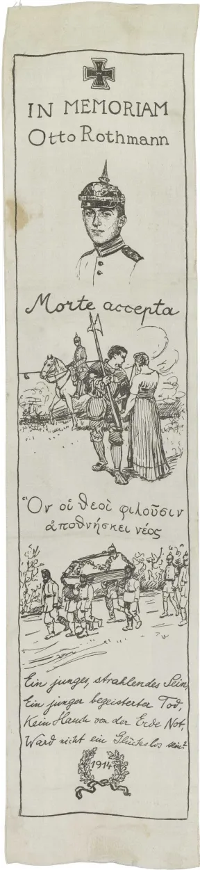 White silk ribbon, printed with iron cross (top), three illustrations and a victory wreath with the year 1914 (below)