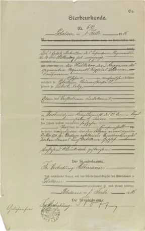 Vorgedrucktes Deckblatt, handschriftlich ausgef&uuml;llt.