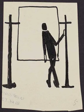 Strichzeichnung von einer Person, die vor einem Rahmen steht und sich mit einem Arm an einer Stange festh&auml;lt.