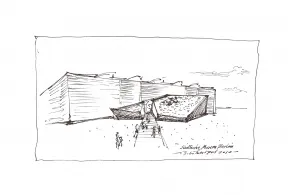 Black ink drawing of the entrance of the Academy Building depicting human figures walking inside