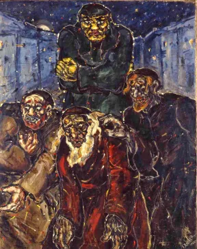 D&uuml;ster-expressionistisches &Ouml;lgem&auml;lde der Legendenfigur Golem und drei weiterer Gestalten, auf den Betrachter zukommend, im Hintergrund enge Gasse.