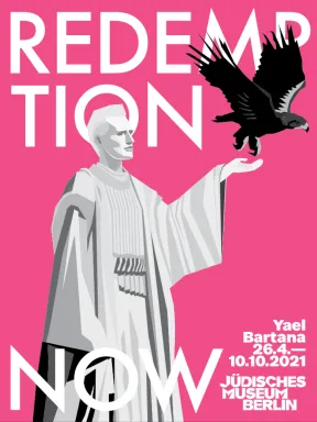 Vor einem pinken Hintergrund befindet sich die Grafik einer Frauengestalt, die einen Adler zum Abflug anweist. Der Schriftzug &bdquo;Redemption Now&ldquo; erstreckt sich entlang des oberen und unteren Bildrandes.