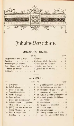 Erste Seite des Inhaltsverzeichnisses mit der Rubrik &bdquo;Allgemeine Regeln&ldquo; und &bdquo;A. Suppen&ldquo;