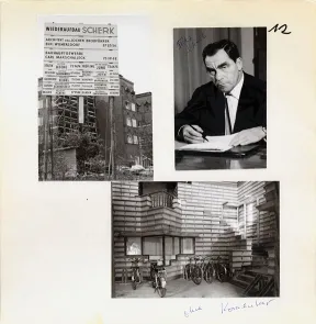 Drei schwarz-wei&szlig;-Fotos, zwei zeigen Geb&auml;ude und eins zeigt einen mittelalten Mann an einem Schreibtisch sitzend. 
