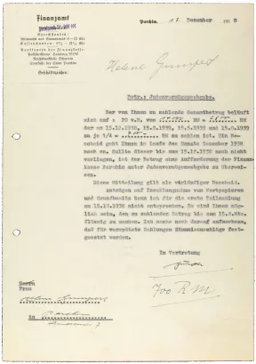 Brief mit Finanzamt-Briefkopf, maschinenschriftlich, Durchschlag mit handschriftlichen Erg&auml;nzungen