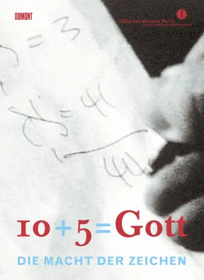 Catalogue Cover for the Exhibition &ldquo;10+5=Gott&rdquo;: black and white photograph of a close up of a hand writing numbers.