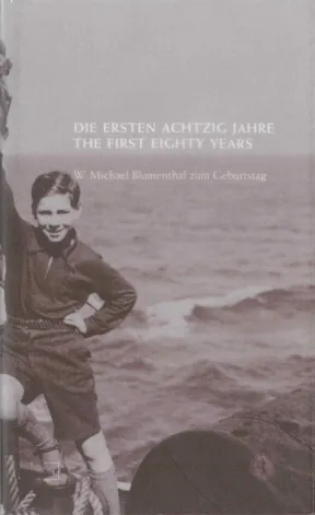 Book Cover of "The First Eighty Years": historical black and white photograph of a young boy standing by the sea