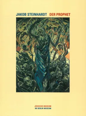 Catalouge Cover for the Exhibition &ldquo;Steinhardt&rdquo;: painting of a old, skinny man surrounded by a group of people and burning buildings.