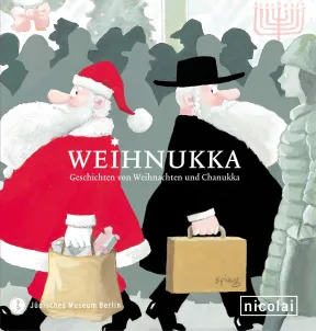 Catalogue cover of &ldquo;Chrismukkah&rdquo; with an illustration of a man dressed as Santa walking past a man wearing Orthodox Jewish clothing.