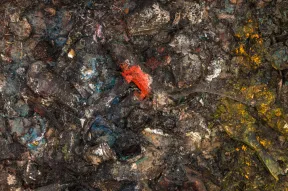 Predominantly brownish mass of barely distinguishable objects, interrupted in some places by splashes of red, yellow or blue. 