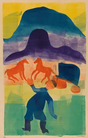 Expressionistische Illustration, im Vordergrund steht eine Figur mit ausgebreiteten Armen, dahinter sind die Silouetten von zwei Pferden zu sehen und Berge am Horizont.