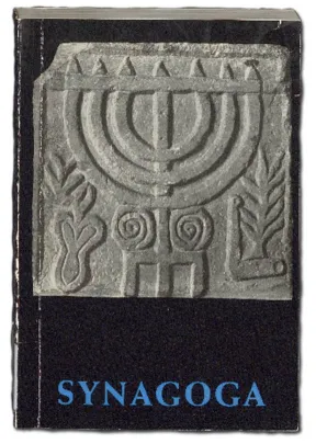 Book cover with image of a menorah stone relief, below the book title Synagoga