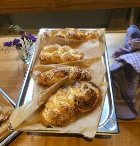 Ein Backblech mit vier Hefez&ouml;pfen, die mit Sesam und Mohn bestreut sind.