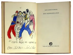 Aufgeschlagenes Buch mit Titelei und einer Zeichnung von sechs Menschen, &auml;hnlich gekleidet wie bei dem im Flie&szlig;text beschriebenen Bild &bdquo;Durch die W&uuml;ste Sinai&ldquo;
