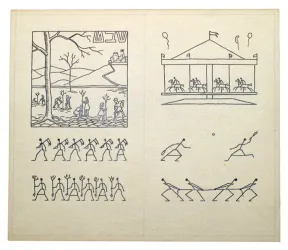 Blatt mit mehreren Zeichungen: ein Karussell, zwei Tennisspielerinnen, Seilziehende, Menschen, die B&auml;ume pflanzen, eine Reihe Figuren mit Fahnen in der Hand, eine weitere Reihe Figuren, die junge B&auml;umchen tragen 