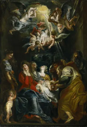 Renaissance-Gem&auml;lde eines kleinen Babys, das von Menschen umgeben ist. Engel mit wei&szlig;en Federfl&uuml;geln schauen aus den sich aufl&ouml;senden Wolken herab.
