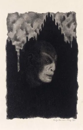 Schwarz-wei&szlig;-Litografie eines schemenartigen, mephistohaften Golemgesichts vor den schwarzen Silhouetten hoher abgestufter Renaissancegiebel