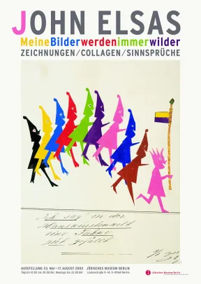 Das Plakat zeigt eine Gruppe bunter Figuren, die einem Fahnentr&auml;ger folgt. Darunter (in Handschrift): Ich sag&rsquo; in der Hanswurstenwelt eine Fahne gut gef&auml;llt.