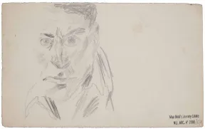 Pencil drawing of a male face looking directly at the viewer, stamp of Max Brod's Literary Estate at lower right.