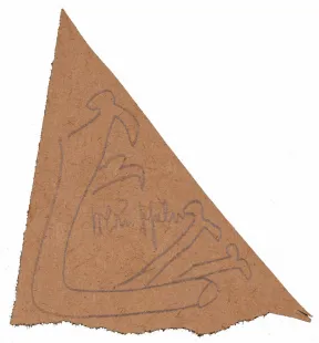 Triangular piece of brown paper with a pencil drawing that looks like legs with four feet.
