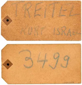 Mit Kreide beschrifteter Karton mit der Aufschrift &raquo;Treitel Kurt Israel&laquo;, auf der R&uuml;ckseite die Nummer &raquo;3499&laquo;