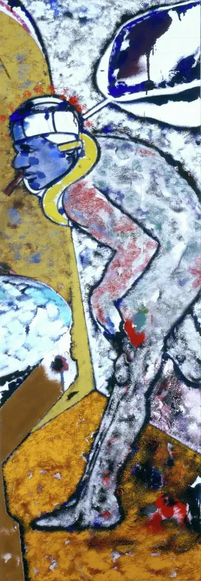 R.B. Kitajs Gem&auml;lde &bdquo;Golem&ldquo;: Vor gelb-blau-grauem Hintergrund gehender stark gebeugter nackter Mann mit blauem Gesicht und Kopfverband.