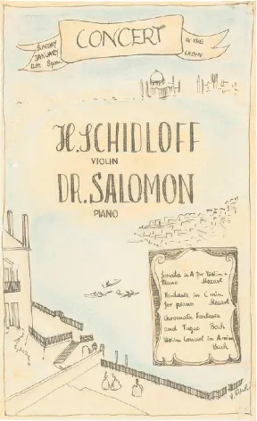 Strokes indicate a city panorama surrounded by blue water with three ships on it