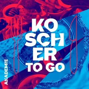 Grafik zur Veranstaltung: Rot-blaue Collage, die Fotoausschnitte von Speisen und silbernem Geschirr zeigt. Aufschrift in wei&szlig;: Koscher to go