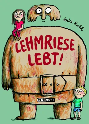 Illustration eines Golem, auf seiner Schulter sitzt ein M&auml;dchen und neben ihm steht ein Junge.