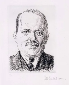 Etching: Portrait of a mustached man in a suit.