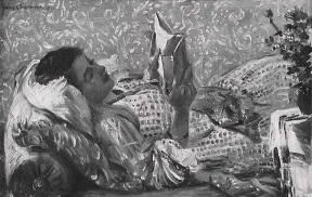 Schwarz-Wei&szlig;-Version des Gem&auml;ldes einer auf einem Sofa liegend lesenden Frau