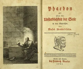 Aufgeschlagenes Buch mit Titelei und einer Zeichnung von Sokrates, der im Kerker sitzt und einen Totensch&auml;del betrachtet