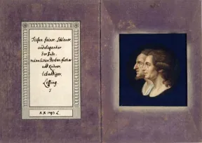 Aquarell zweier M&auml;nnerk&ouml;pfe im Profil, daneben die in Handschrift: Tiefer, feiner, Schlauer / und eleganter / der Jude. / m&auml;nnlicher, derber, froher / und k&uuml;hner, / lebendiger / Lessing
