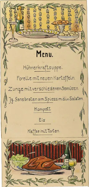 Menukarte mit gezeichneten Abbildungen. Im oberen Bereich ist ein Servierteller mit Fisch dargestellt, daneben ein gef&uuml;lltes Champagnerglas. Im unteren Bereich ist der Gansbraten mit einer Salatschale abgebildet.  