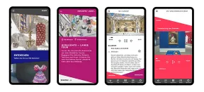 Das Bild zeigt Screenshots der neuen App mit Texten, Ausstellungsansichten und Objektfotografien.