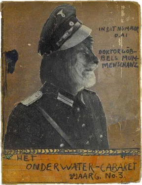 Collage mit Schrift: Doktor G&ouml;bbels Mummenschanz. Zu sehen ist ein Figur in milit&auml;rischer NS-Uniform mit dem Kopf eines L&ouml;wen.