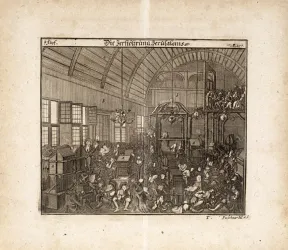 Abbildung eines Kupferstichs von J.G. Puschner aus dem Jahre 1734 mit Darstellung der Tempelzerst&ouml;rung in Jerusalem, Innenansicht