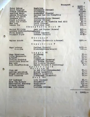 Maschinenschriftliche Liste mit Kunstwerken und Preis.