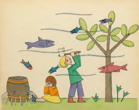Zeichnung zweier Kinder: Eins sitzt vor einem Fass mit vielen L&ouml;chern, aus denen Wasser str&ouml;mt, eines schwingt eine Axt zu einem Baum, all das scheint unter Wasser stattzufinden, da Wellen und Fische durch die Luft schwimmen