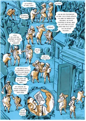Seite 39 der Graphic Novel Moische, auf der ganzseitig in verschiedenen Episoden die Verwunderung der Figuren &uuml;ber Moisches Einladung in den Palast Friedrichs II ausgedr&uuml;ckt wird