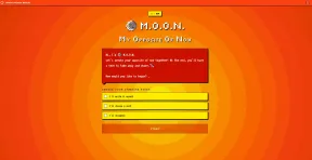 Screenshot einer Website: im Hintergrund konzentrische Kreise deren Orange nach au&szlig;en hin immer dunkler wird, im Vordergrund der Einstieg die Chat-Anwendung "M.O.O.N. - My Opposite Of Now".