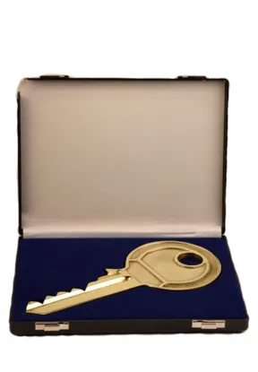 Massiver, goldfarbener Metallschl&uuml;ssel in schwarzem Kunststoff-Etui mit silberfarbenen Metallverschl&uuml;ssen.