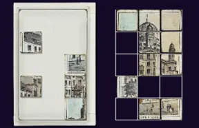 Holzkl&ouml;tzchen mit aufgeklebter Abbildung einer Synagoge zum Puzzlen.