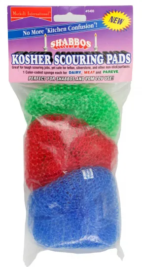 Packung mit drei Topfschrubbern in den Farben Gr&uuml;n, Rot und Blau.