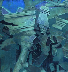 Close up of painting Samson II in blue tones