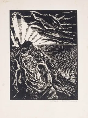Illustration in Schwarz-Wei&szlig; von Moses und dem Zug durch das Rote Meer