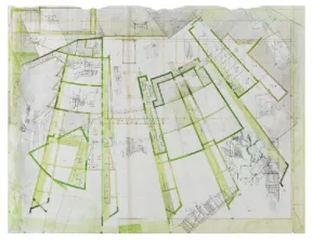 Design drawing in pencil and green tones with rays appearance