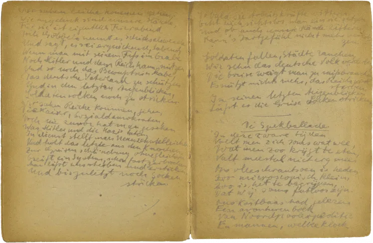 Handschriftlich verfasste Doppelseite mit Überschrift „De Spekballade“.